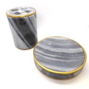 Bath Room Acc.Tooth Brush Holder Soap Dish Gray Tiger Marble with Brass Trim NEW
